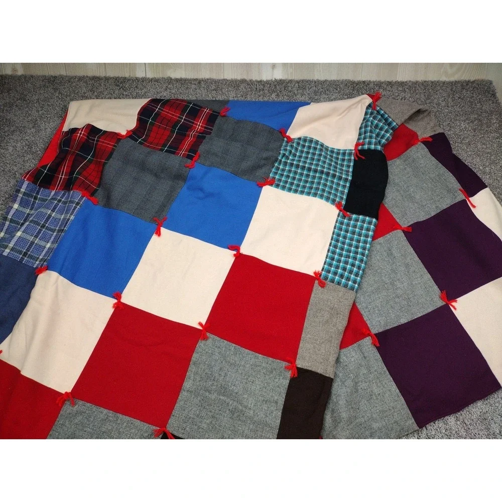 VTG QUILT 72X88 FULL SIZE PATCHWORK SQUARES QUILTED BLANKET HOMEMADE CottageCore